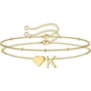 Initial Heart Bracelets for Women Gold-Plated Dainty Layered Adjustable